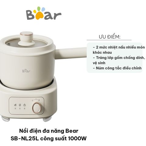 Nồi Lẩu Điện Đa Năng Bear SB-NL25L 1000W - Thiết Kế Tách Rời, Dễ Vệ Sinh, Nấu Lẩu, Hấp, Chiên, Rán, Xào Thực Phẩm Nhanh Chóng