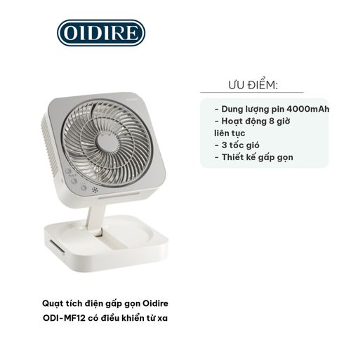 Quạt Tích Điện Gấp Gọn Oidire ODI-MF12 - Có Điều Khiển Từ Xa, Dung Lượng Pin 4000mAh, Thời Gian Sử Dụng 8 Giờ, Tiện Dụng Đi Dã Ngoại