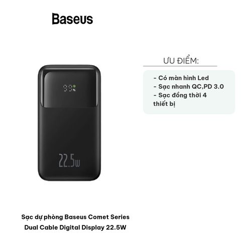 Sạc Dự Phòng Baseus Comet Series 22.5W - Dual Cable Type C & Lightning, Màn Hình LED, Sạc Nhanh QC 3.0, Kẹp Tiện Dụng