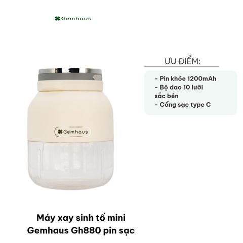 Máy Xay Sinh Tố Mini Gemhaus GH880 - 800ml, Công Suất 80W, Pin Sạc 1200mAh, Thiết Kế Di Động, Xay Nhuyễn Nhanh Chóng