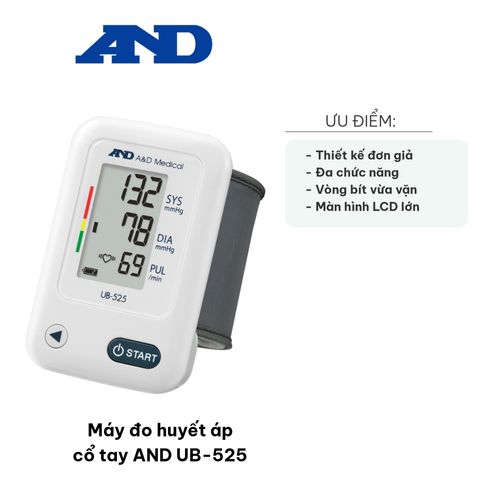 Máy Đo Huyết Áp Cổ Tay AND UB-525 - Vòng Bít Slimfit, Lưu Trữ 60 Kết Quả, Phát Hiện Huyết Áp Cao và Nhịp Tim Bất Thường