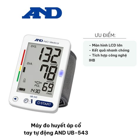 Máy Đo Huyết Áp Cổ Tay Tự Động A&D UB-543 - Màn Hình LCD Lớn, Nhỏ Gọn, Dễ Dùng, Pin AAA, Bộ Nhớ 60 Kết Quả