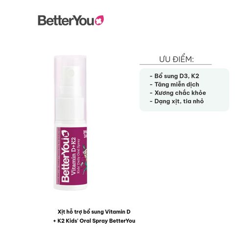 Xịt Vitamin D + K2 cho trẻ em BetterYou - Hỗ trợ miễn dịch và phát triển xương, hương vị kẹo cao su và việt quất tự nhiên, 15ml