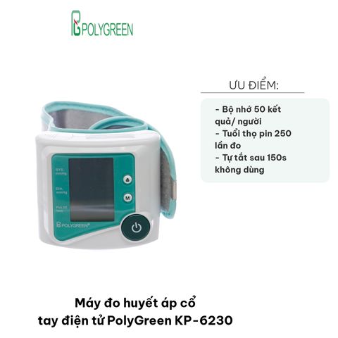 Máy Đo Huyết Áp Cổ Tay Điện Tử PolyGreen KP-6230 - Thiết Bị Đo Huyết Áp, Nhịp Tim Chính Xác, Dữ Liệu Lưu Trữ Tối Đa 50 Lần
