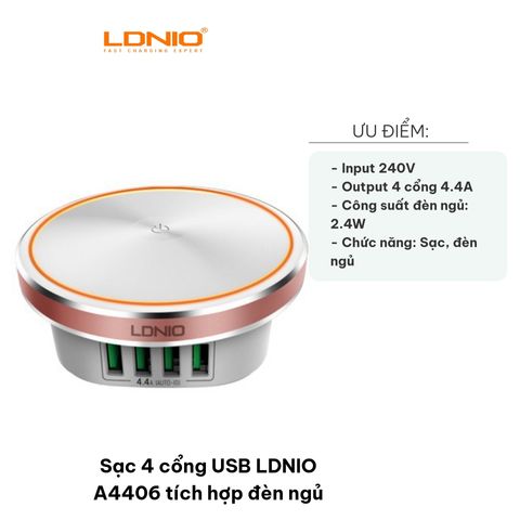 Sạc 4 cổng USB LDNIO A4406 với đèn ngủ, bộ sạc đa năng tiện lợi, dễ sử dụng và an toàn cho trẻ em, 4.4A, thiết kế gọn nhẹ