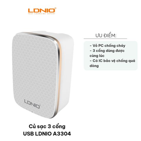 Củ Sạc LDNIO A3304 3 Cổng USB - Sạc Nhanh 5V/3.4A Có Đèn LED và Thiết Kế Gập Tiện Dụng cho Điện Thoại và Máy Tính Bảng