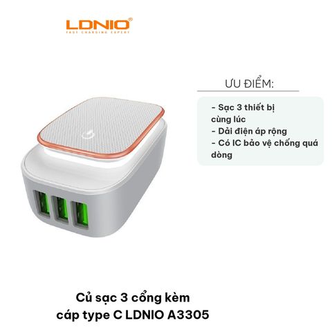 Củ sạc LDNIO A3305 3 cổng kèm cáp Type C - Sạc nhanh 3 thiết bị đồng thời, thiết kế gọn nhẹ, đảm bảo bảo vệ an toàn