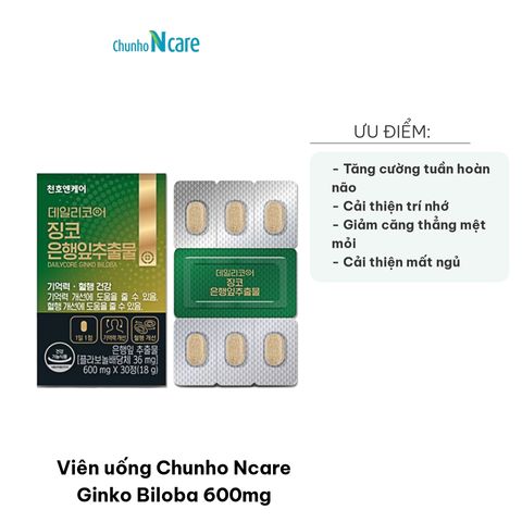 Viên uống Ginkgo Biloba Chunho Ncare 600mg - Hỗ trợ trí nhớ, giảm căng thẳng mệt mỏi, cải thiện tuần hoàn não, hộp 30 viên