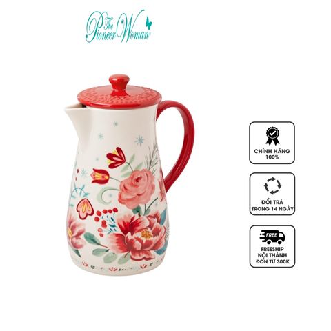 Bình đựng nước có nắp The Pioneer Woman Merry Meadow - Gốm sứ cao cấp, thiết kế hoa văn cổ điển, dung tích 1,9 lít, tiện dụng cho mọi bữa tiệc.