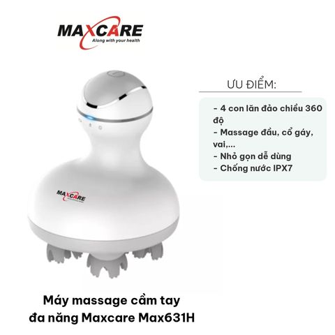 Máy massage cầm tay đa năng Maxcare Max631H - Thiết bị massage 4 con lăn 360 độ, giảm nhức mỏi toàn thân, dễ sử dụng, chống nước IPX7