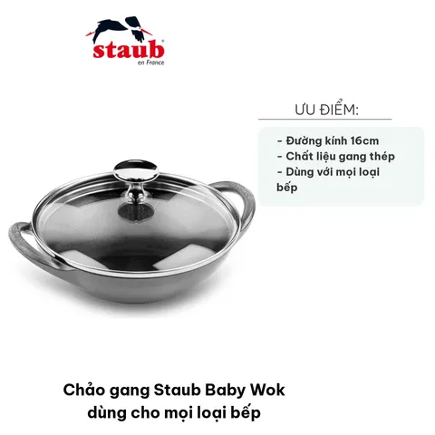 Chảo Gang Staub Baby Wok Mini Đa Năng - Chảo Nấu Cho Bếp Từ, Bếp Ga, Phù Hợp Cho 1 Người, Sử Dụng Chất Liệu Cao Cấp