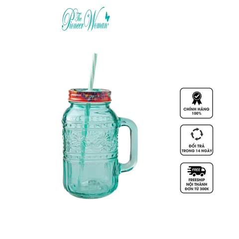 Cốc Thủy Tinh Vintage The Pioneer Woman Cassie 950ml - Mason Jar Tumbler Có Nắp Đậy & Ống Hút - Phong Cách Retro Chic