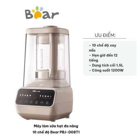 Máy làm sữa hạt đa năng Bear PBJ-D08T1 - 10 chế độ, 1200W, dung tích 1.5L, nhiều chức năng xay sinh tố, nấu cháo, an toàn và dễ sử dụng