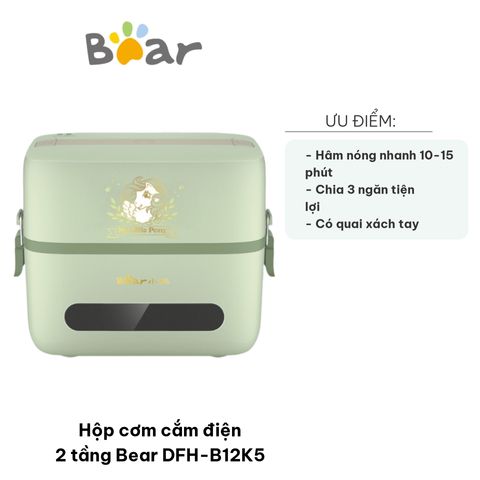 Hộp Cơm Cắm Điện 2 Tầng Bear DFH-B12K5 - Giữ Nhiệt, 1.2 Lít, Khay Inox 304 Chất Lượng Cao, Nấu Ăn Nhanh 10 Phút