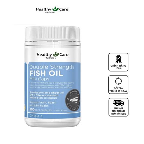 Viên Dầu Cá Healthy Care Double Strength Fish Oil Mini 200 Viên - Tăng Cường Omega-3, Hỗ Trợ Sức Khỏe Tim Mạch và Thị Lực