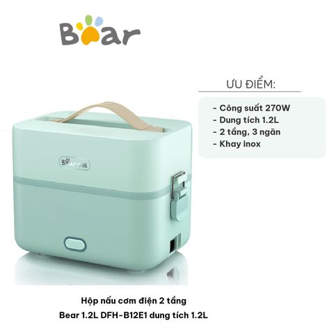 Hộp Nấu Cơm Điện 2 Tầng Bear DFH-B12E1 - Dung Tích 1.2L, Thiết Kế Gọn Nhẹ, Nấu Ăn Tiện Lợi, Hâm Nóng Đồ Ăn Khi Đi Làm, Đi Chơi