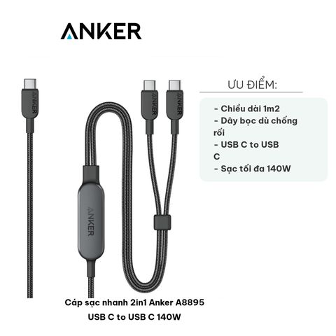 Cáp Sạc Nhanh 2in1 Anker A8895 USB C to USB C 140W - Dài 1.2m, Chống Rối, Sạc Đa Thiết Bị, Phù Hợp Cho Chuyến Đi Xa