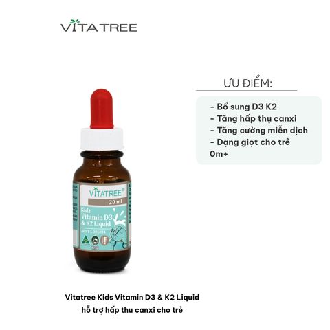 Vitatree Kids Vitamin D3 & K2 Liquid - Hỗ Trợ Hấp Thụ Canxi Cho Trẻ - Bổ Sung Vitamin D3 K2 Giúp Phát Triển Chiều Cao 20ml