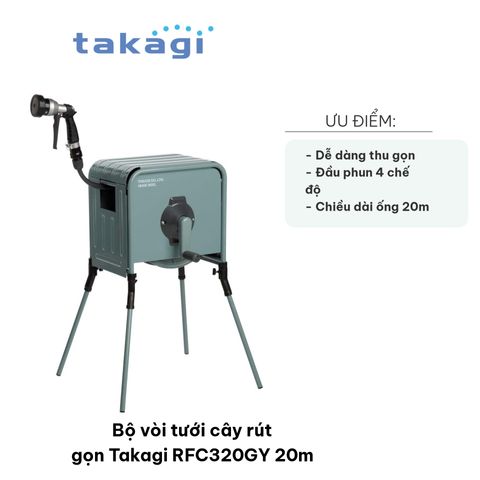 Bộ vòi tưới cây rút gọn Takagi RFC320GY 20m - Thiết kế thông minh với 4 chế độ phun và dây thu gọn tiện lợi cho khu vườn của bạn