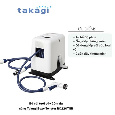 Bộ vòi tưới cây 20m Takagi Boxy Twister RC220TNB - Thiết bị tưới đa năng 4 chế độ phun hiệu quả cho làm vườn và cây cảnh