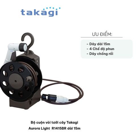 Bộ cuộn vòi tưới cây Takagi Aurora Light R1415BR dài 15m - Vòi tưới 4 chế độ - Tiện ích cho vườn và sân nhà