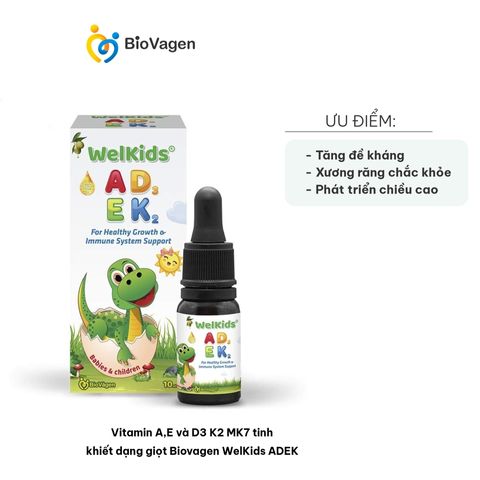 Vitamin A, E, D3, K2 MK7 Dạng Giọt Biovagen WelKids ADEK 10ml - Bổ Sung Vitamin Tan Trong Dầu Olive Hữu Cơ Cho Trẻ Nhỏ