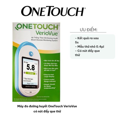 Máy Đo Đường Huyết OneTouch VerioVue - Nhanh Chóng, Chính Xác, Màn Hình LCD, Nút Đẩy Que Thử, Dùng Bluetooth, Lưu 500 Kết Quả