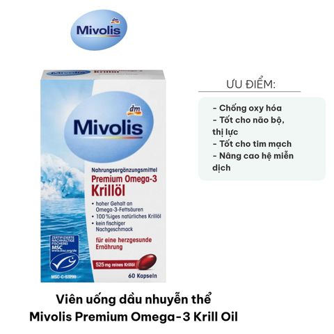 Viên uống dầu nhuyễn thể Mivolis Premium Omega-3 Krill Oil - Hỗ trợ sức khỏe tim mạch, tăng cường trí nhớ, dễ uống, hộp 60 viên