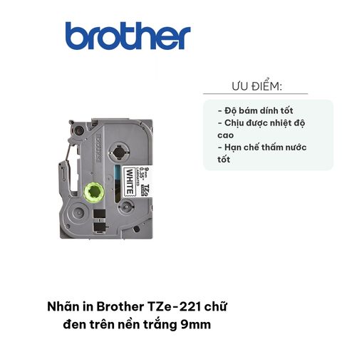Nhãn in Brother TZe-221 9mm chữ đen trên nền trắng - Băng keo dính chắc cho máy P-touch chất lượng cao, dễ đọc, chịu nhiệt tốt