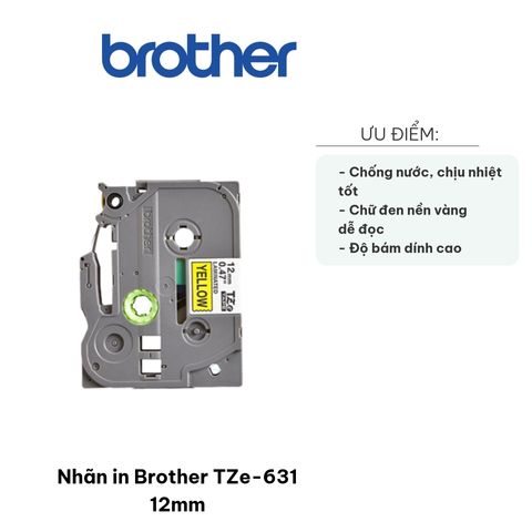 Nhãn in Brother TZe-631 12mm Chữ Đen Nền Vàng - Bền Bỉ, Chịu Nhiệt, Chống Nước - Giải Pháp Lý Tưởng Cho Văn Phòng, Dán Nhiều Bề Mặt