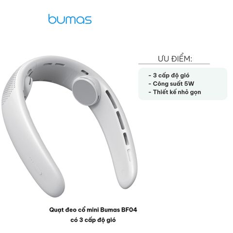 Quạt Đeo Cổ Mini Bumas BF04 - Quạt Tích Điện Có 3 Cấp Độ Gió, Dung Lượng Pin 3000mAh, Thời Gian Sử Dụng 10 Giờ, Thiết Kế Tiện Dụng