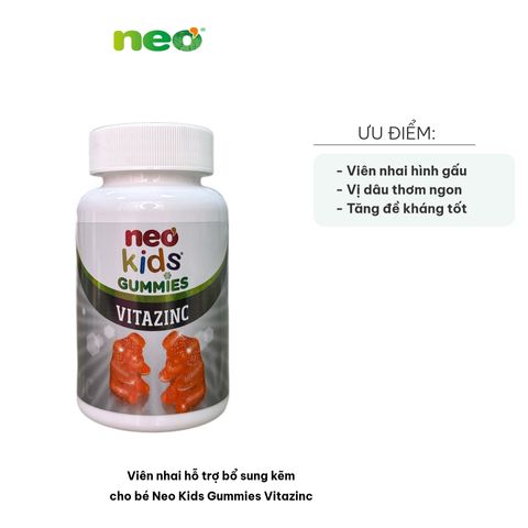 Viên nhai bổ sung kẽm hữu cơ cho bé Neo Kids Gummies Vitazinc - Tăng sức đề kháng, hỗ trợ trẻ ăn ngon, vị dâu thơm ngon, 60 viên