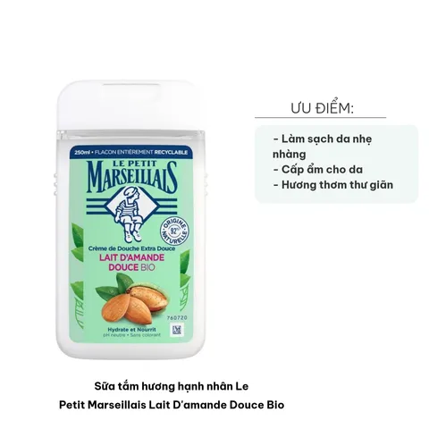 Sữa Tắm Hương Hạnh Nhân Le Petit Marseillais 250ml - Gel Làm Sạch Da Nhẹ Nhàng, Hương Thơm Thư Giãn, Dưỡng Ẩm Tự Nhiên