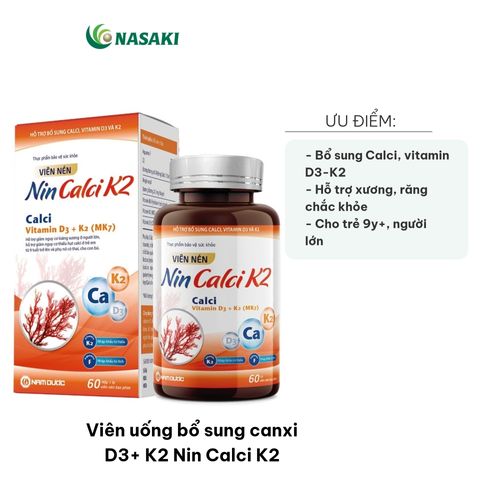 Viên Uống Bổ Sung Canxi D3+ K2 Nin Calci K2 - Hỗ Trợ Xương Răng Chắc Khỏe Cho Trẻ Từ 9 Tuổi và Người Lớn - Hộp 60 Viên