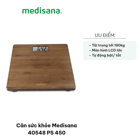 Cân Sức Khỏe Medisana 40548 PS 450 - Bề Mặt Tre Tự Nhiên, Tải Trọng 180kg, Đo BMI, Màn Hình LCD Rõ Ràng - Thiết Bị Chăm Sóc Sức Khỏe Hàng Ngày