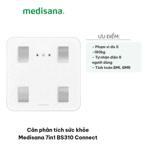 Cân phân tích sức khỏe Medisana 7in1 BS310 Connect - Cân thông minh đo mỡ, cơ, BMI, BMR, ứng dụng VitaDock+ - Đọc dễ dàng với màn hình LCD lớn