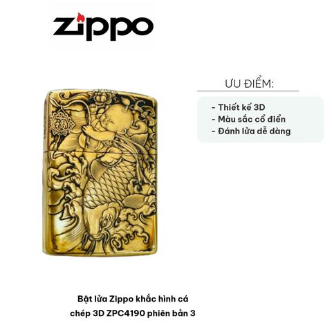 Bật Lửa Zippo Khắc Hình Cá Chép 3D ZPC4190 - Phiên Bản Đồng Sang Trọng, Ý Nghĩa Văn Hóa Á Đông, Quà Tặng Độc Đáo