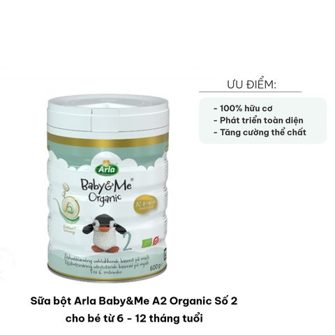 Sữa bột Arla Baby&Me A2 Organic Số 2 cho bé 6-12 tháng, dễ tiêu hóa, công thức hữu cơ, hỗ trợ phát triển dinh dưỡng toàn diện