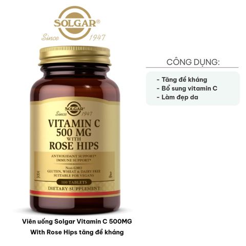 Viên uống Solgar Vitamin C 500MG With Rose Hips - Tăng cường sức đề kháng, hỗ trợ làm đẹp da, 100 viên thiết yếu cho sức khỏe