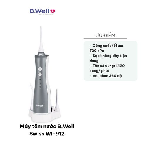 Máy Tăm Nước B.Well Swiss WI-912 - Cầm Tay Tiện Dụng, Chăm Sóc Răng Miệng, 3 Chế Độ Phun, Sạc Không Dây, Giúp Răng Trắng Sáng
