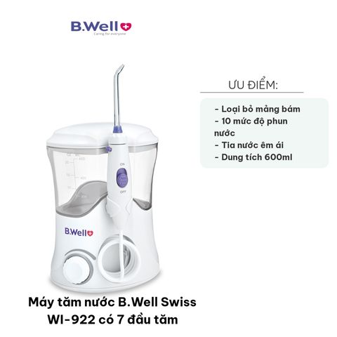 Máy tăm nước B.Well Swiss WI-922 với 7 đầu phun và 10 mức độ điều chỉnh, hỗ trợ vệ sinh răng miệng cho cả gia đình, dễ sử dụng.