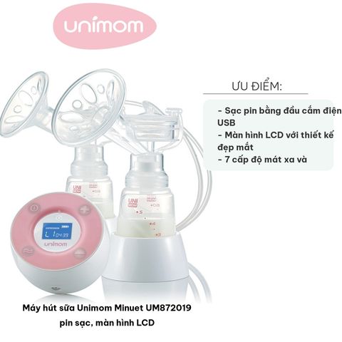 Máy Hút Sữa Điện Đôi Unimom Minuet UM872019 Không Có BPA - Sạc Pin USB, Màn Hình LCD, Chất Lượng CE và UL