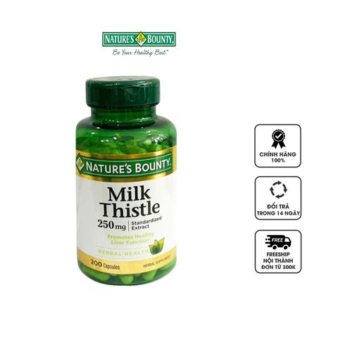 Viên uống hỗ trợ thải độc gan Nature’s Bounty Milk Thistle 250mg - Hộp 200 viên - Giải độc gan, phục hồi sức khỏe, hàng Mỹ