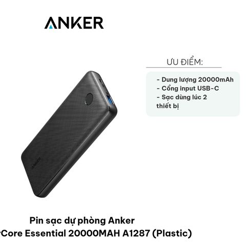 Pin Sạc Dự Phòng Anker PowerCore Essential 20000mAh A1287 - USB-C, Sạc Nhanh, Tương Thích iPhone, Samsung, iPad - Tiện Lợi Mọi Nơi