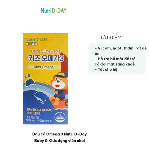 Dầu Cá Omega 3 Nutri D-Day Baby & Kids dạng viên nhai vị cam - Bổ mắt, phát triển trí não cho trẻ từ 2 tuổi trở lên