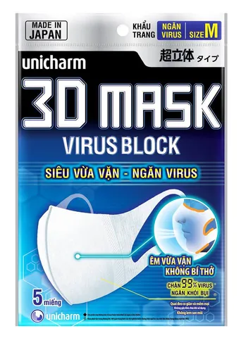 Khẩu trang 3D ngăn Virus Unicharm Mask Virus Block gói 5 chiếc