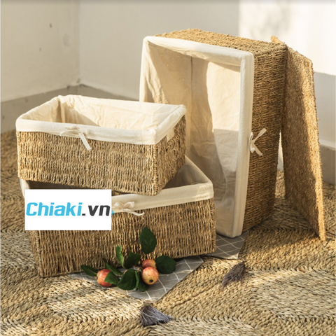 Giỏ Cói Đựng Đồ Hình Chữ Nhật Có Nắp - Sản Phẩm Thủ Công Tinh Tế, Đẹp Mộc Mạc Cho Nội Thất Phòng Khách, Phòng Ngủ