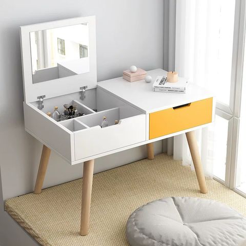 Bàn Trang Điểm Mini Màu Trắng Ngồi Bệt Chân Gỗ Sồi - Thiết Kế Hiện Đại Tiện Lợi Cho Phòng Ngủ Nhỏ Gọn