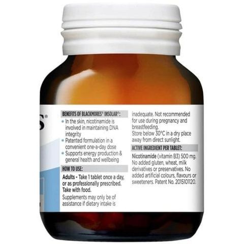 Viên Uống Đẹp Da Blackmores Insolar 500mg - Tăng Cường Vitamin B3, Giúp Da Căng Mịn và Khỏe Mãi