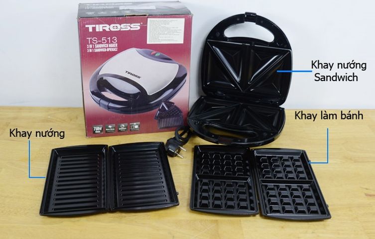 Máy Nướng Kẹp Bánh Tiross TS-513 Đen - 3 Chức Năng Nướng Sandwich, Waffle, Pate - Dễ Sử Dụng, Chống Dính, Công Suất 750W